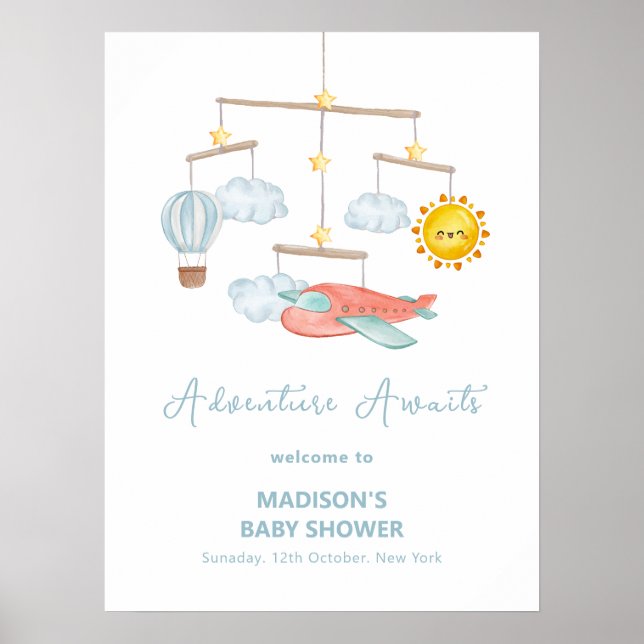 Poster Cute Airplane Hot Air Balloon Baby Shower Welcome  (Frente)
