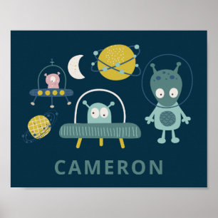 Poster Cute Alien Space Planets Funny Blue Personalized