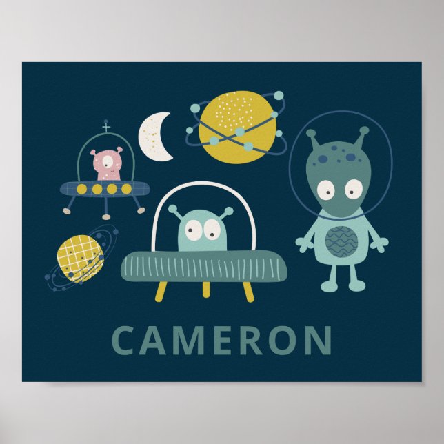 Poster Cute Alien Space Planets Funny Blue Personalized (Frente)