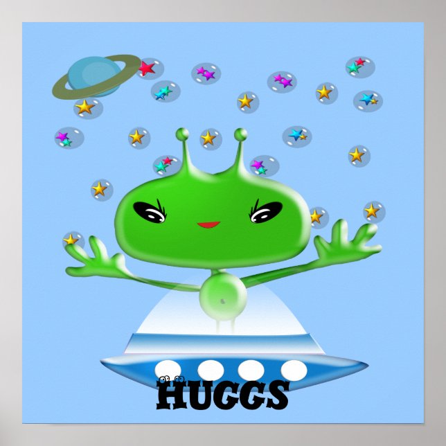 Pôster Cute Alienígenas do Espaço Sideral Verdes com Nave (Frente)