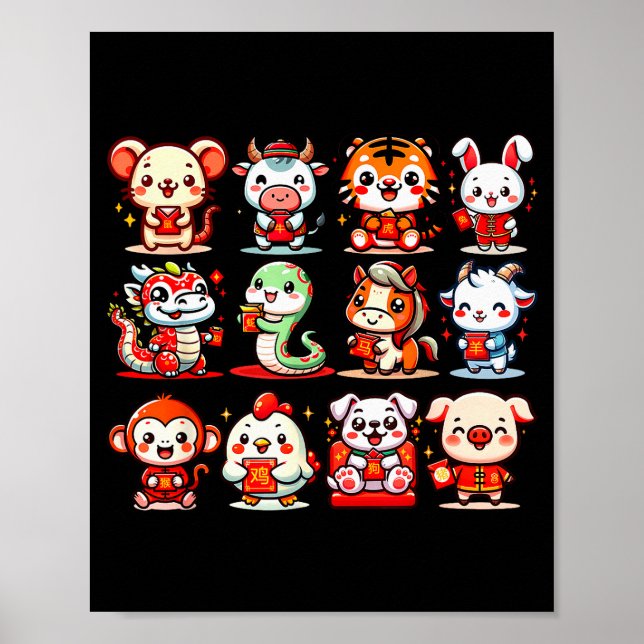 Poster Cute Animal Twelve Zodiac Signs Celebrate Lunar Ne (Frente)