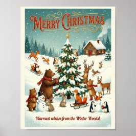 Poster Cute Animals Celebrating Christmas in Snow