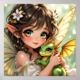 Poster Cute Anime Fairy and Chibi Dragon