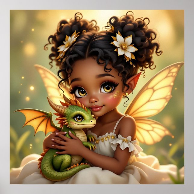 Poster Cute Anime Fairy Girl and Chibi Dragon (Frente)