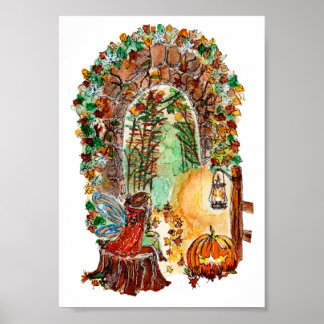 Poster Cute Autumn Fairy Halloween Watercolor