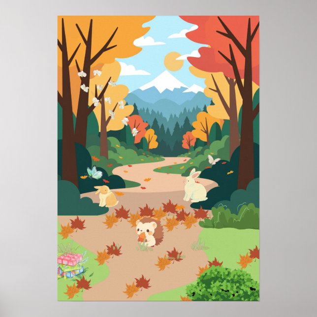 Poster Cute Autumn Forest Animals Cozy Landscape Art Post (Frente)