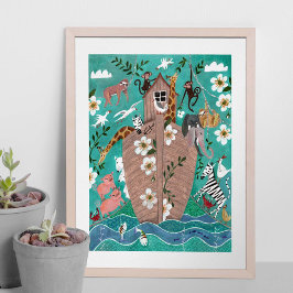 Poster Cute azul-turquesa crianças arca de Noé crianças