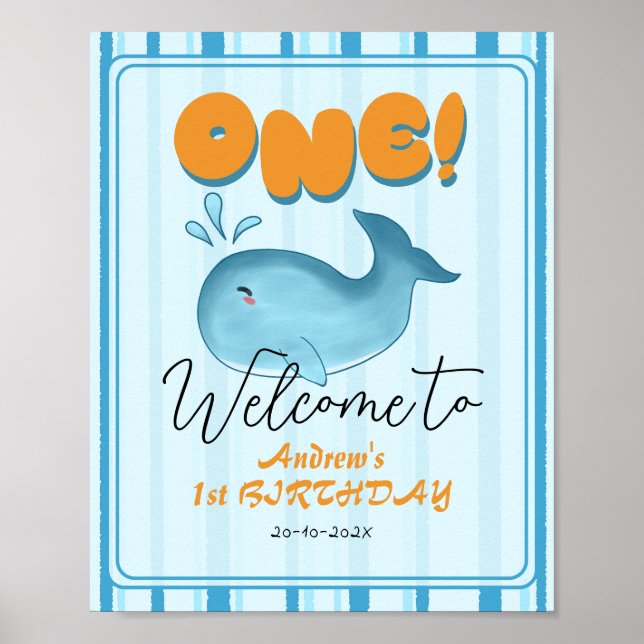 Poster Cute Baby Blue Whale 1st Birthday Welcome Sign (Frente)