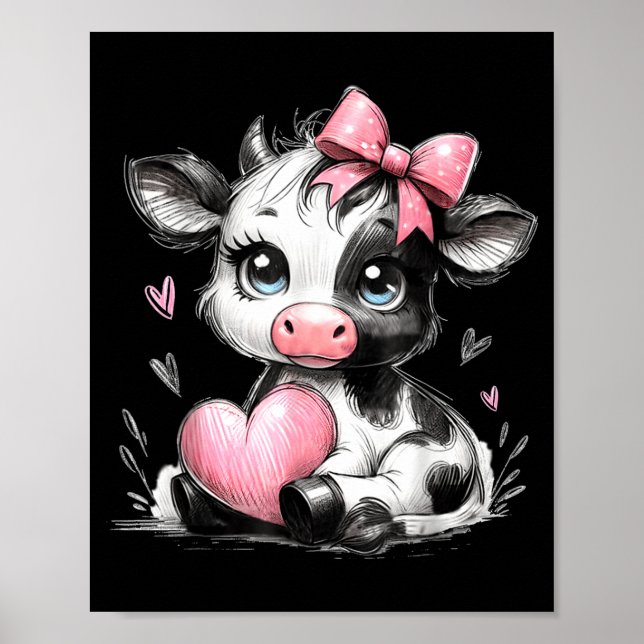 Poster Cute Baby Cow With Nk Coquette Bow Holding Heart  (Frente)