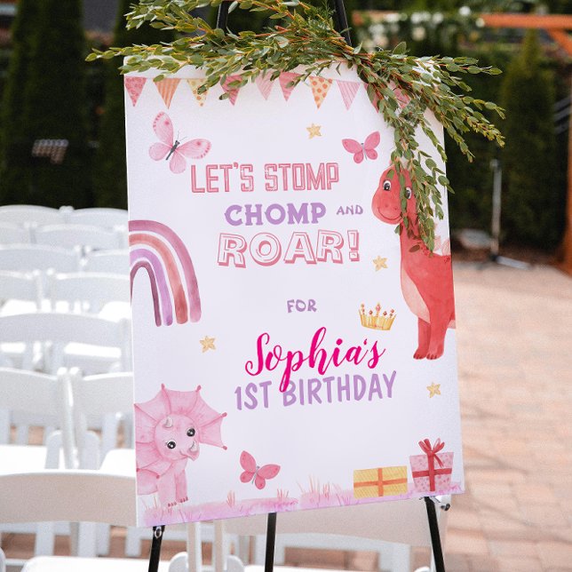 Poster Cute Baby Girl Pink Dino Dinosaur Kids Birthday (Criador carregado)