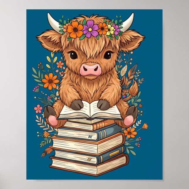 Poster Cute Baby Highland Cow Reading Book Librarian Book (Frente)