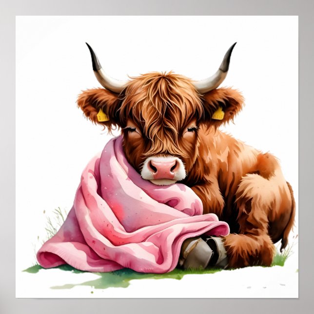 Poster Cute Baby Highland Cow with Flowers (Frente)