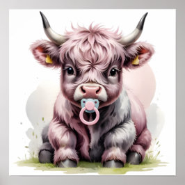 Poster Cute Baby Highland Cow with Flowers – Farm Nursery