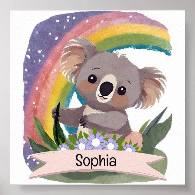 Poster Cute Baby Koala Rainbow Nome Personalizado (Frente)