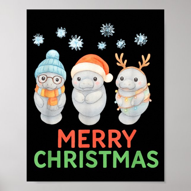 Poster Cute Baby Manatee Santa Reindeer Christmas Manatee (Frente)
