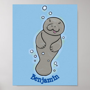 Poster Cute baby manatee with bubbles illustration
