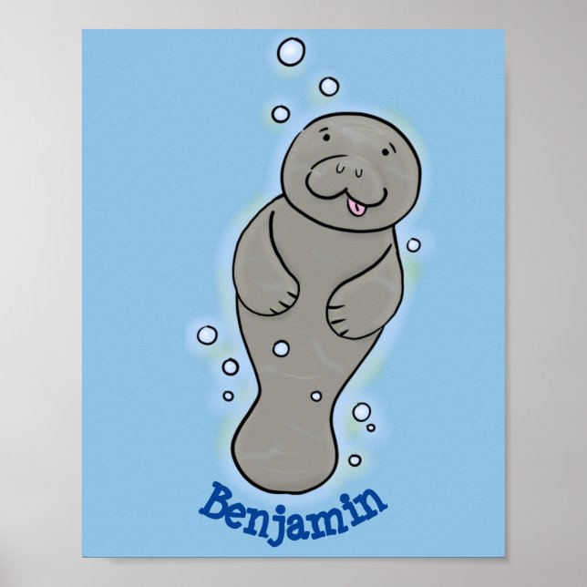Poster Cute baby manatee with bubbles illustration (Frente)