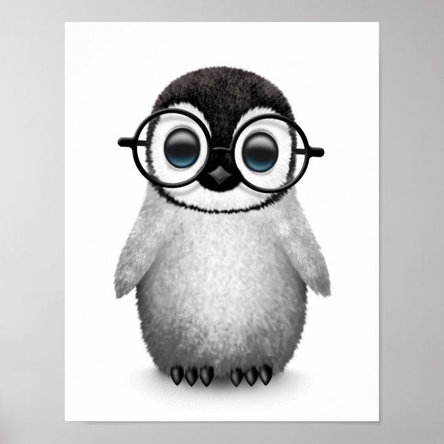 Pôster Cute Baby Penguin Wearing Eye Glasses on White (Frente)