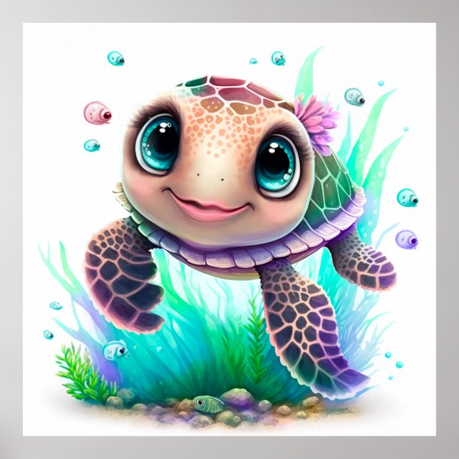 Poster Cute Baby Sea Turtle Illustration – Adorable Ocean (Frente)