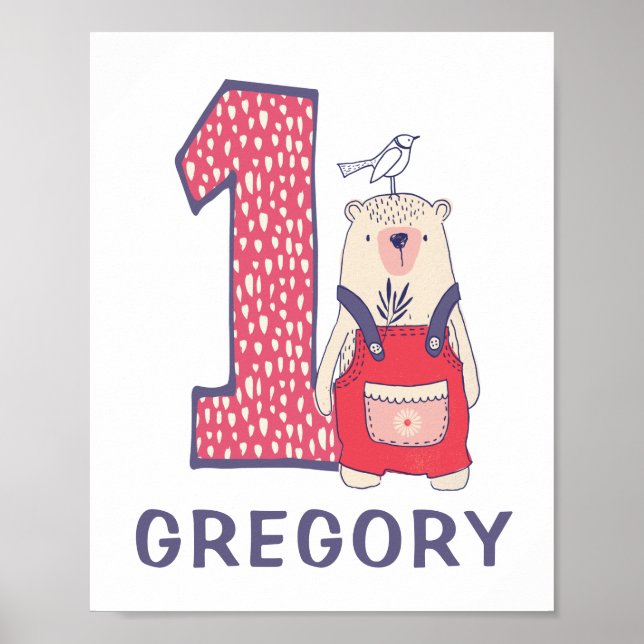 Poster Cute bear first birthday with name  (Frente)