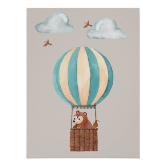Pôster Cute Bear Hot Air Balloon Illustration Poster