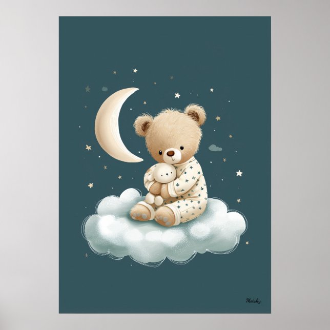 Poster Cute Bear on Cloud Nursery Bedtime Wall Art (Frente)