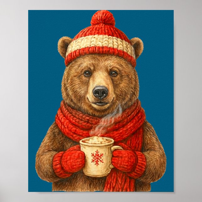 Poster Cute Bear With Santa Hat Coffee Lover Funny Winter (Frente)