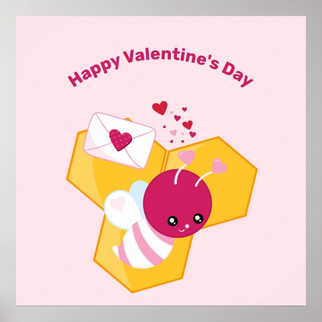Poster Cute Bee with Pink Valentine Hearts (Frente)