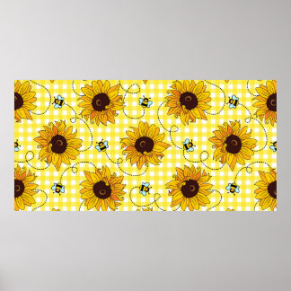 Poster Cute bees and sunflowers on a checkered background