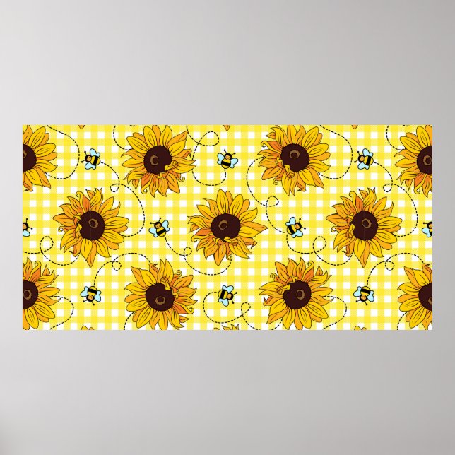 Poster Cute bees and sunflowers on a checkered background (Frente)