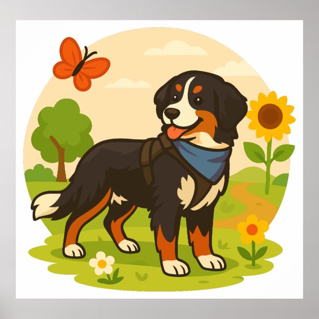 Poster Cute Bernese Mountain Dog with Sunflower & Butterf (Frente)