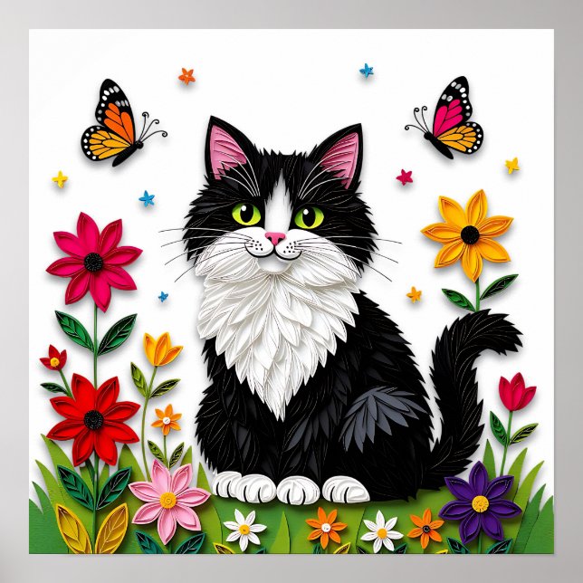 Poster Cute Black and White Cat, Flowers and Butterflies (Frente)