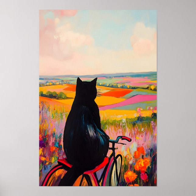 Poster Cute Black Cat Enjoying Nature with Bicycle  (Frente)