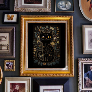 Poster Cute Black Cat Folk Art Style Print Downloadable