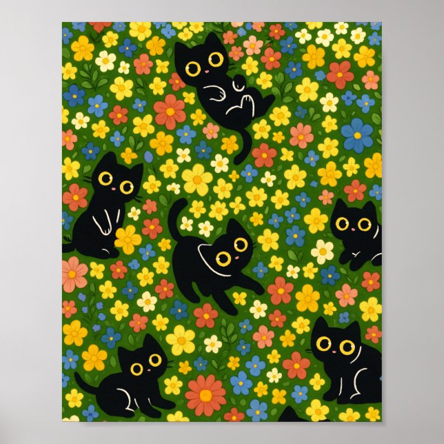 Poster Cute Black Cats Floral Meadow Pattern (Frente)