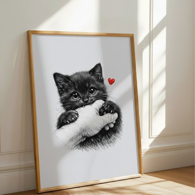 Poster Cute Black Kitten Biting Hand with Love Hear (Criador carregado)