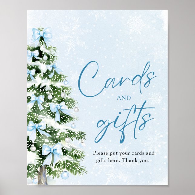 Poster Cute Blue Bows Christmas Tree Cards and Gifts Sign (Frente)