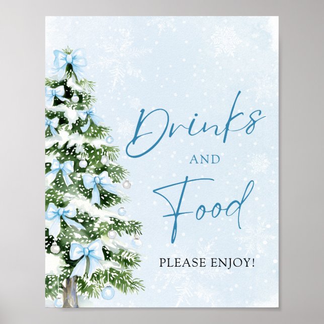 Poster Cute Blue Bows Christmas Tree Food and Drinks (Frente)