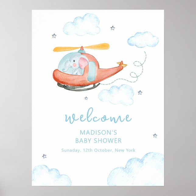 Poster Cute Blue Elephant Helicopter Baby Shower Welcome  (Frente)