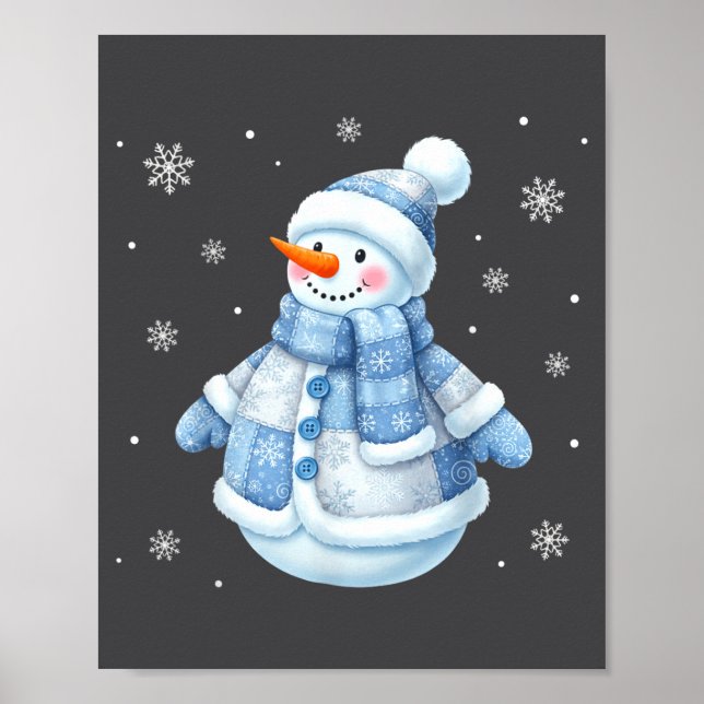 Poster Cute Blue Snowman With Snowflakes Winter Christmas (Frente)