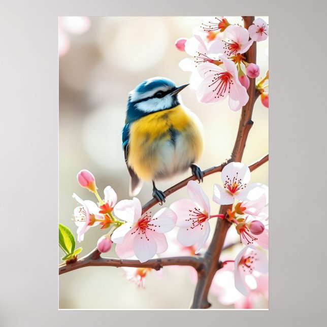 Poster Cute Blue Tit Bird on Spring Blooming Apple Tree   (Frente)
