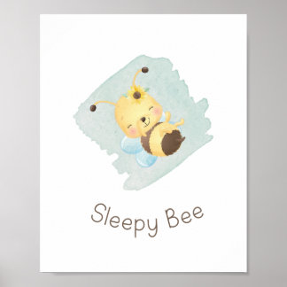 Poster Cute Blue/Yellow Sleepy Bee Nursery Wall Art