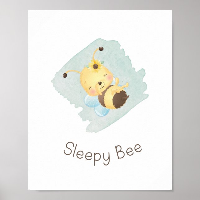 Poster Cute Blue/Yellow Sleepy Bee Nursery Wall Art (Frente)