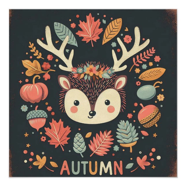 Pôster Cute Boho Autumn Hedgehog Wreath Wall Decal (Frente)