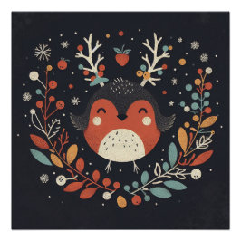 Pôster Cute Boho Autumn Robin Wreath Wall Decal