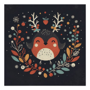 Pôster Cute Boho Autumn Robin Wreath Wall Decal