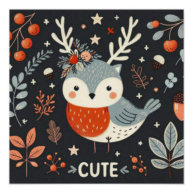 Pôster Cute Boho Autumn Robin Wreath Wall Decal (Frente)
