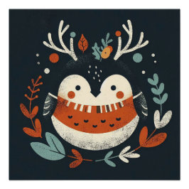 Pôster Cute Boho Autumn Robin Wreath Wall Decal