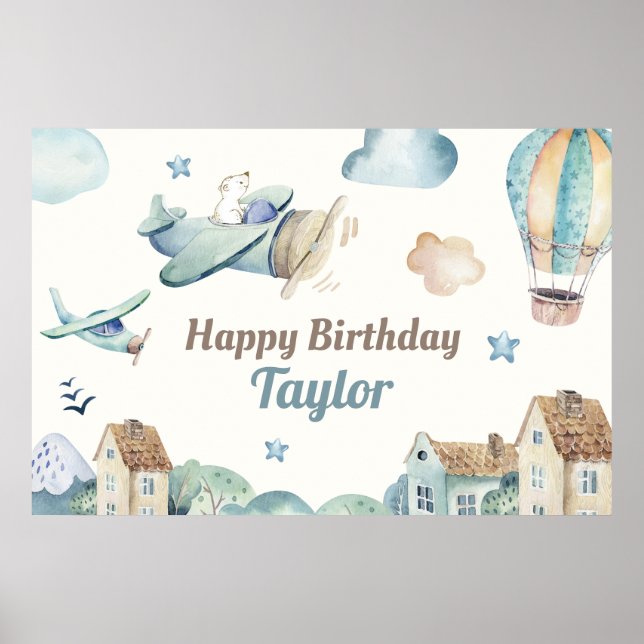 Poster Cute Boy's Airplane Theme Happy Birthday Banner (Frente)