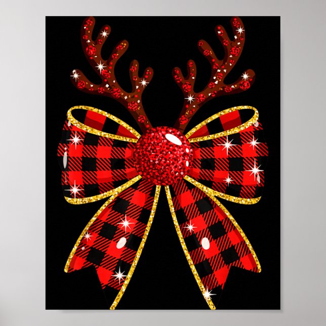 Poster Cute Buffalo Plaid Coquette Bow Reindeer Christmas (Frente)